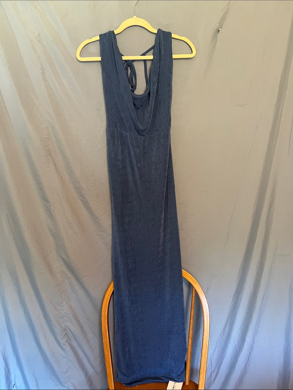 Sleek Navy Sheen Cowl-Back Maxi Dress